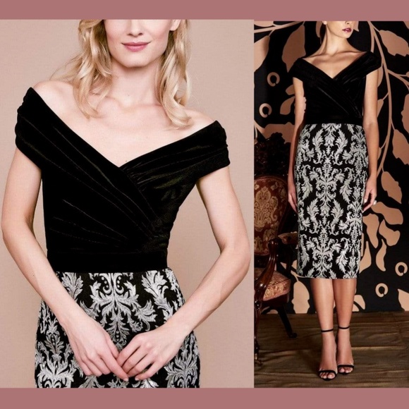 NWT $308 Tadashi Shoji‎ Off Shoulder Printed Velvet Cocktail Dress [SZ 10 ] - Picture 1 of 12